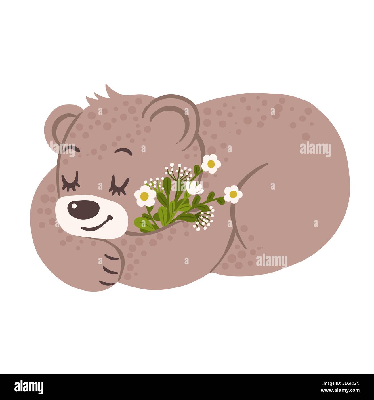 Orso addormentato con fiori di primavera, cartoni animati vettoriali illustrazione Illustrazione Vettoriale