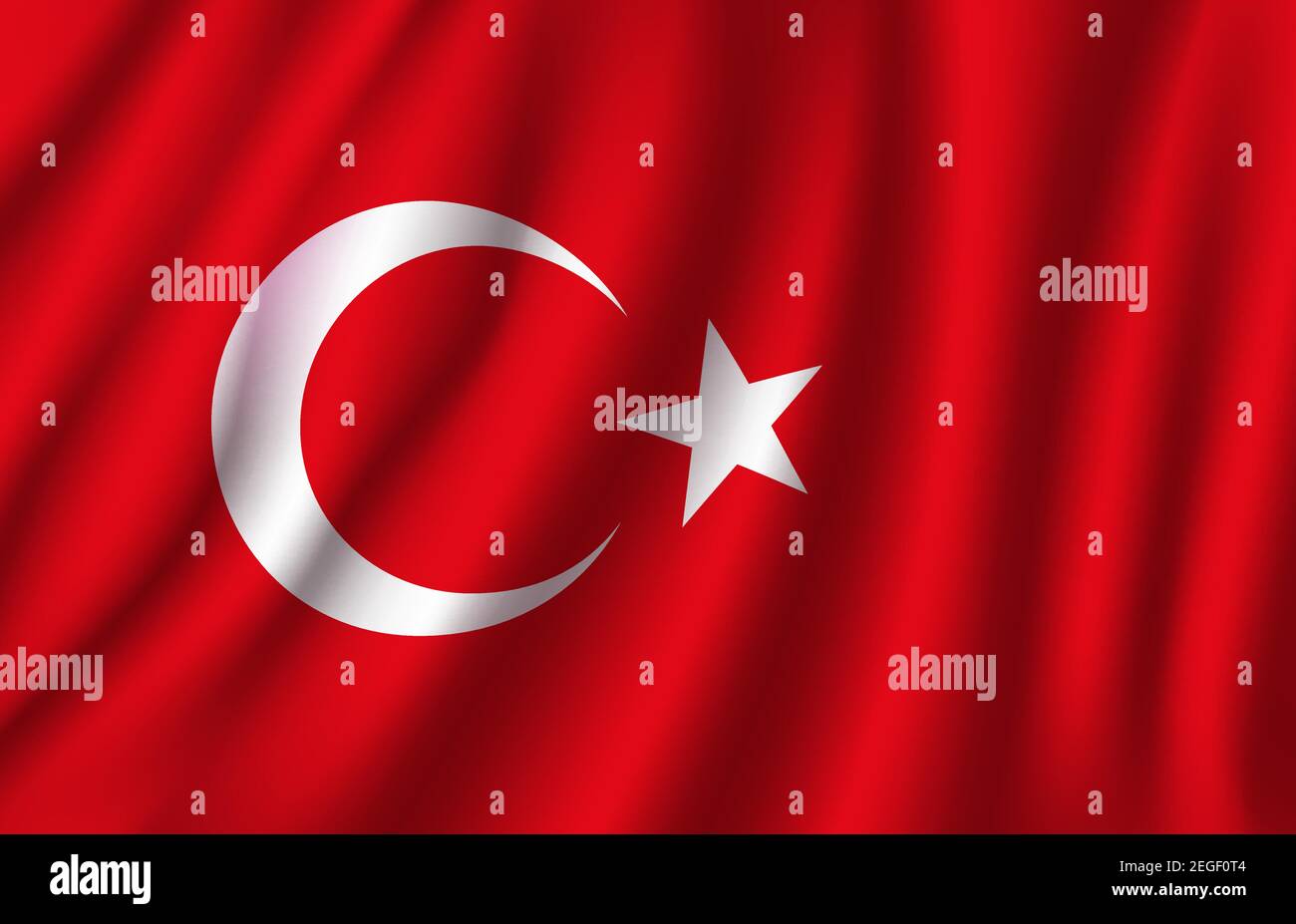 Bandiera della Turchia 3D di luna bianca a mezzaluna e stella su sfondo di colore rosso. repubblica Turca Paese europeo bandiera nazionale ufficiale sventolando con fa curvo Illustrazione Vettoriale