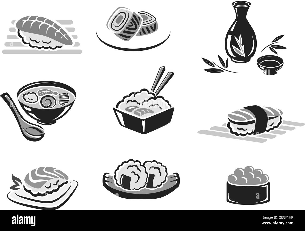 Sushi Rolls e piatti giapponesi di pesce icone vettoriali. Simboli isolati di sushi roll con gamberi, pesce tempura roll e caviale, sashimi e vapore r Illustrazione Vettoriale