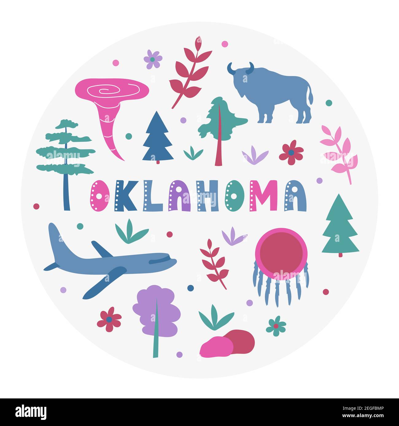 Collezione USA. Illustrazione vettoriale del tema Oklahoma. Simboli di stato - forma rotonda Illustrazione Vettoriale