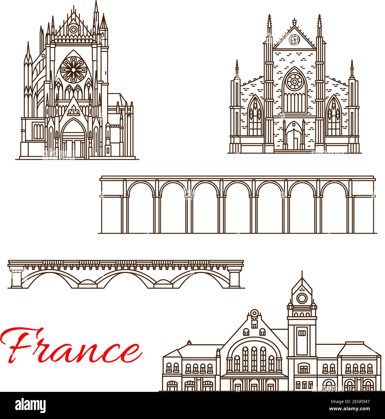 Francia famosi edifici storici e viaggio turistico icone di linea architettonica. Vettore set di Saint Malo chiesa in Bretagna, Moyenne ponte e in st Illustrazione Vettoriale