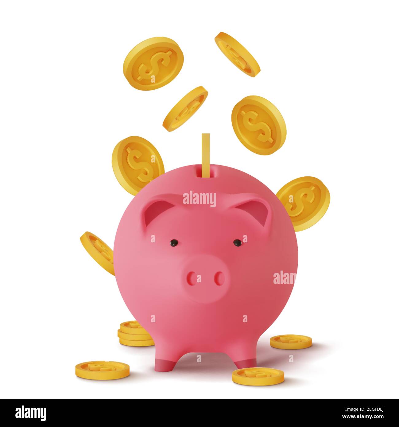 3d realistico moneybox sotto forma di un maiale e monete che cadono, isolato su sfondo bianco, vettore Illustrazione Vettoriale