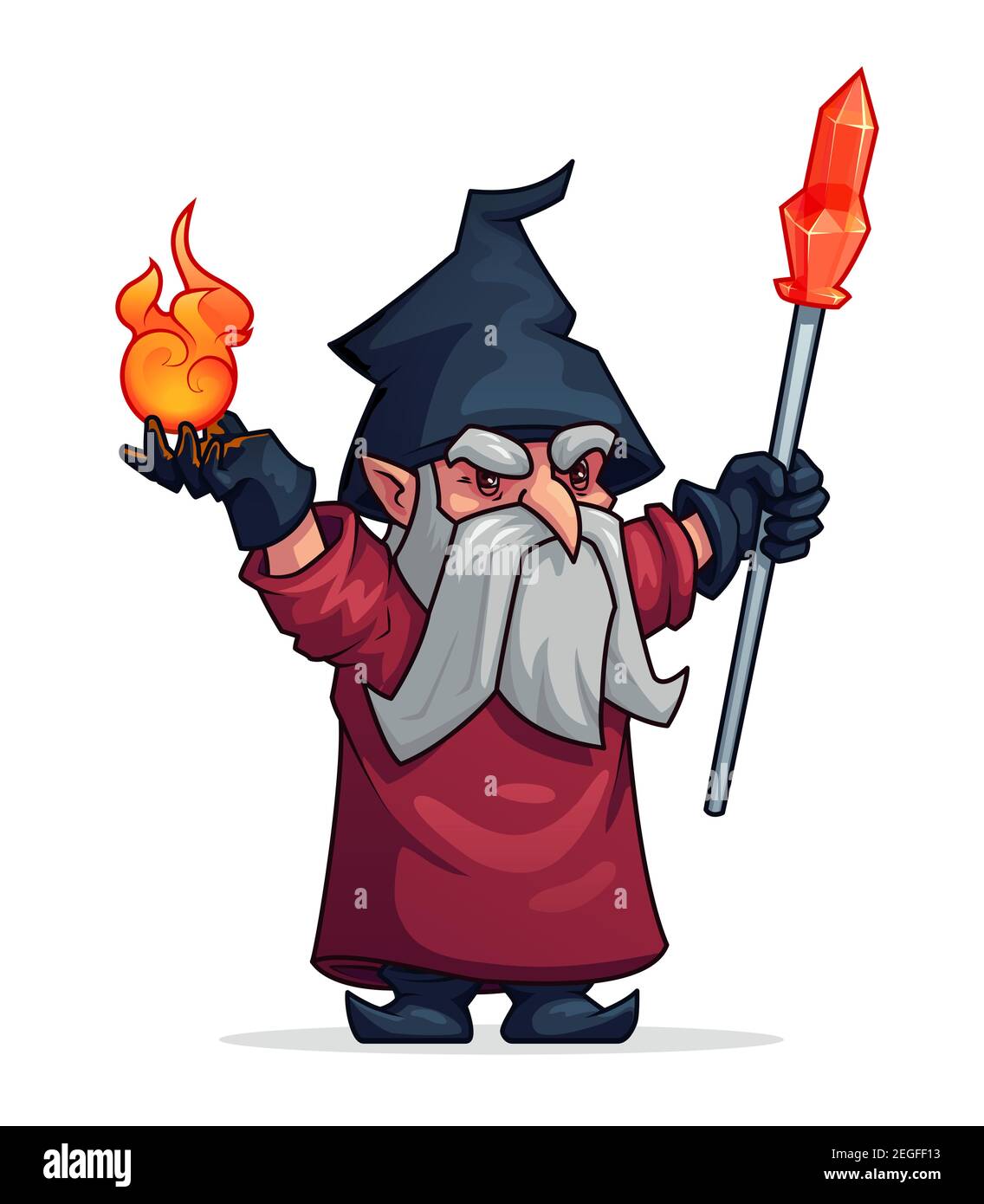Strega strega o malvagia personaggio di fumetti maghi. Vizioso grumpy o arrabbiato vecchio uomo nana o cattivo gnome in cappello con fuoco magico e cristallo crook wa Illustrazione Vettoriale