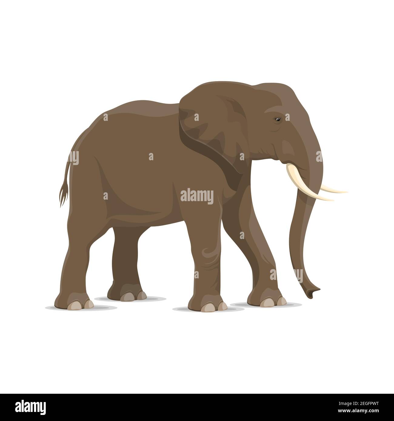 Elefante animale icona cartone animato di mammifero savana africano. Elefante grigio in piedi lateralmente simbolo isolato per la caccia safari africani, mascotte zoo o sava Illustrazione Vettoriale