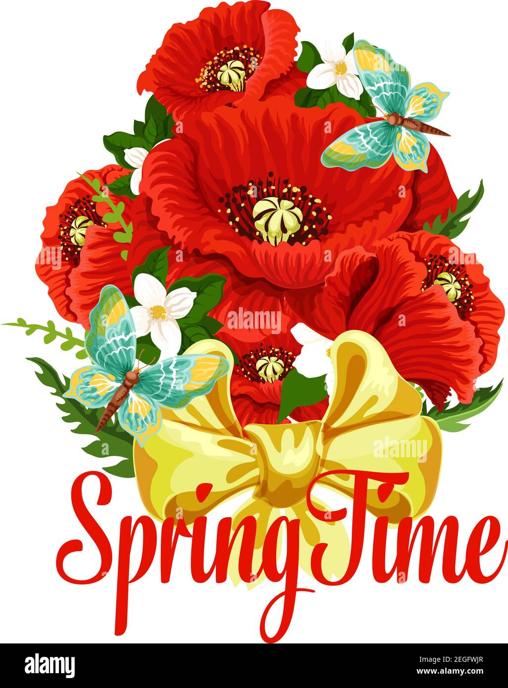 Bouquet floreale e farfalle primavera icona per la stagione primavera e saluti di festa. Vettore fiorire fiore disegno di fiori di papavero rosso, croccus Illustrazione Vettoriale