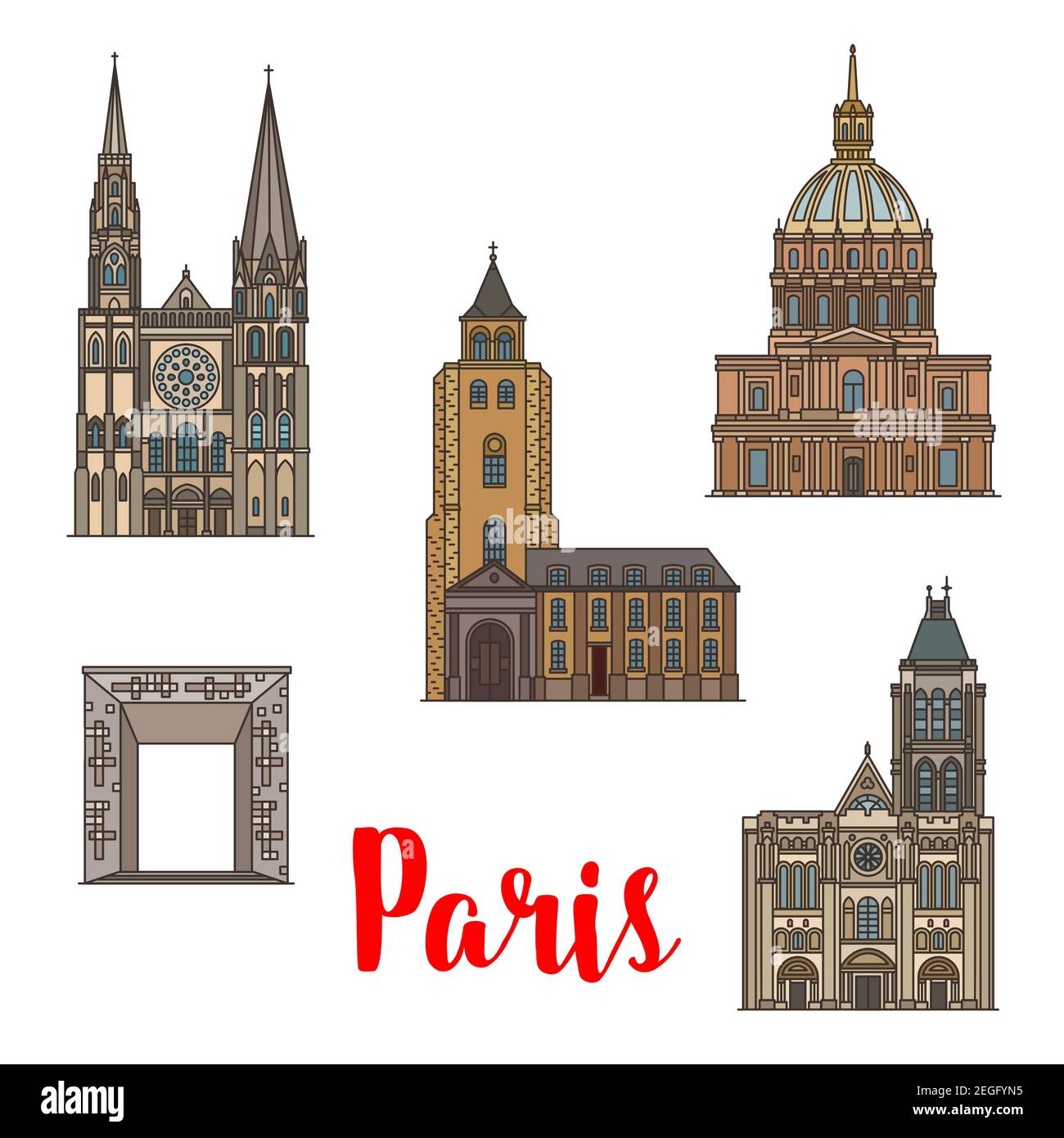 Punto di riferimento di Parigi, insieme di icone lineari dell'architettura francese. Residenza Nazionale degli Invalids, Cattedrale di Chartres e Abbazia di Saint Germain, Ba Illustrazione Vettoriale