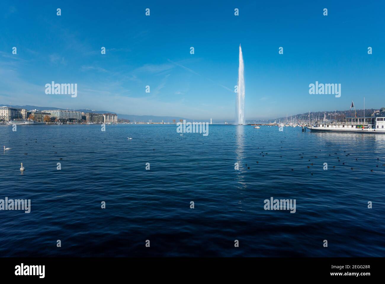 Lago di Ginevra e Fontana d’acqua Jet D’eau - Ginevra, Svizzera Foto Stock