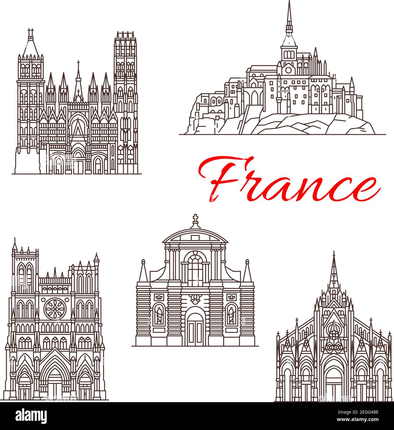 Francia famosi monumenti storici di viaggio e icone della linea turistica dell'architettura di Marsiglia. Vector Set Chiesa Saint Sauveur, Notre Dame du Puy cathedr Illustrazione Vettoriale