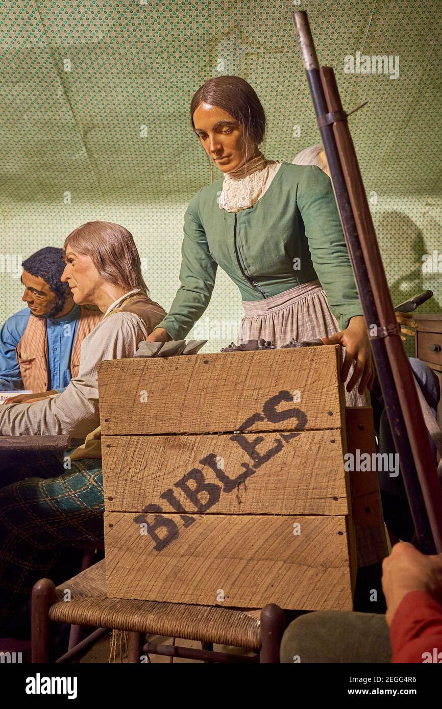 Diorama segno: Preparazione per il raid. Al John Brown Wax Museum di Harpers Ferry, West Virginia. Foto Stock