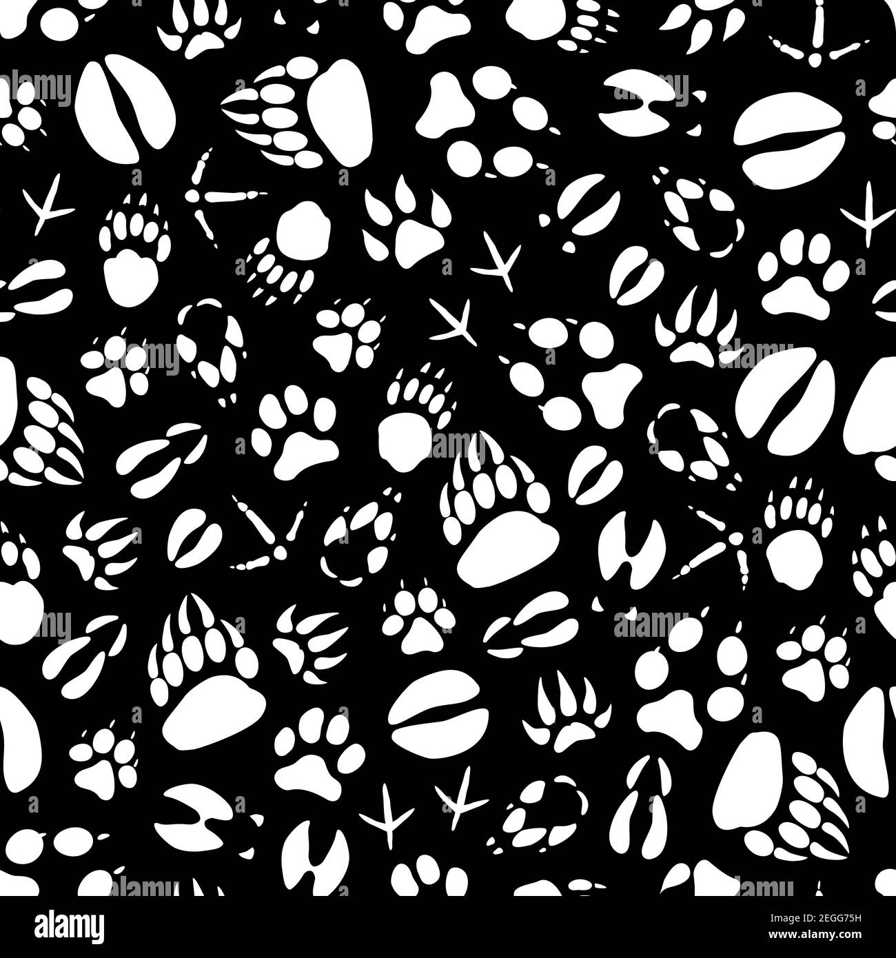 Animali footprint sagome set vettoriale. Uccelli e mammiferi tracce bianche su sfondo nero. Modello senza cuciture con tracce di animali selvatici. po vettore Illustrazione Vettoriale
