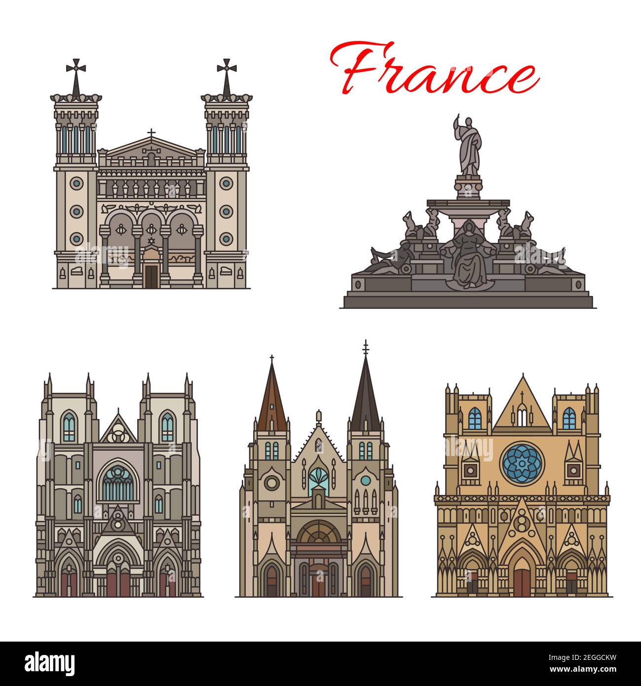 Francia famoso viaggio monumenti storici edifici e architettura facciate icone. Serie vettoriale di chiesa di San Nizier, cattedrale di San Jean e Notre Illustrazione Vettoriale