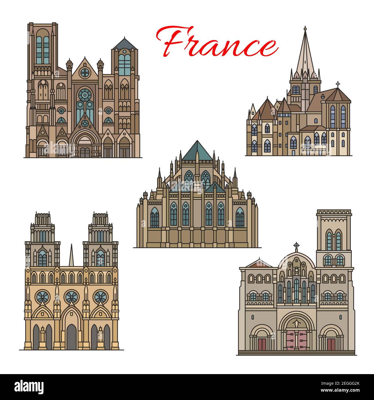 Francia famoso viaggio monumenti storici edifici e architettura facciate icone. Insieme vettoriale di Sainte Croix, Saint Cyr e Julitte o Etienne Cithe Illustrazione Vettoriale