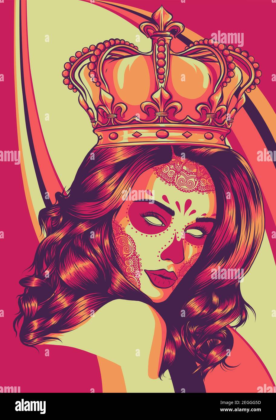 Cranio ragazza con una corona. Disegno grafico vettoriale Illustrazione Vettoriale