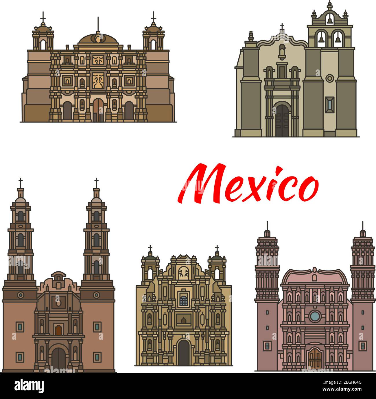 Punto di riferimento del set di icone dell'architettura messicana cattolica. Tempio di San Pedro Apostol, Aguascalientes e Cattedrale di Oaxaca, Basilica del nostro L. Illustrazione Vettoriale