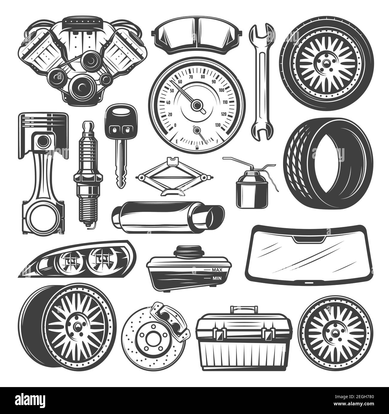 Pezzi di ricambio e strumenti per la meccanica dell'auto. Serie vettoriale di motori, olio motore o chiave e parabrezza, ruote in lega leggera e pneumatici Illustrazione Vettoriale