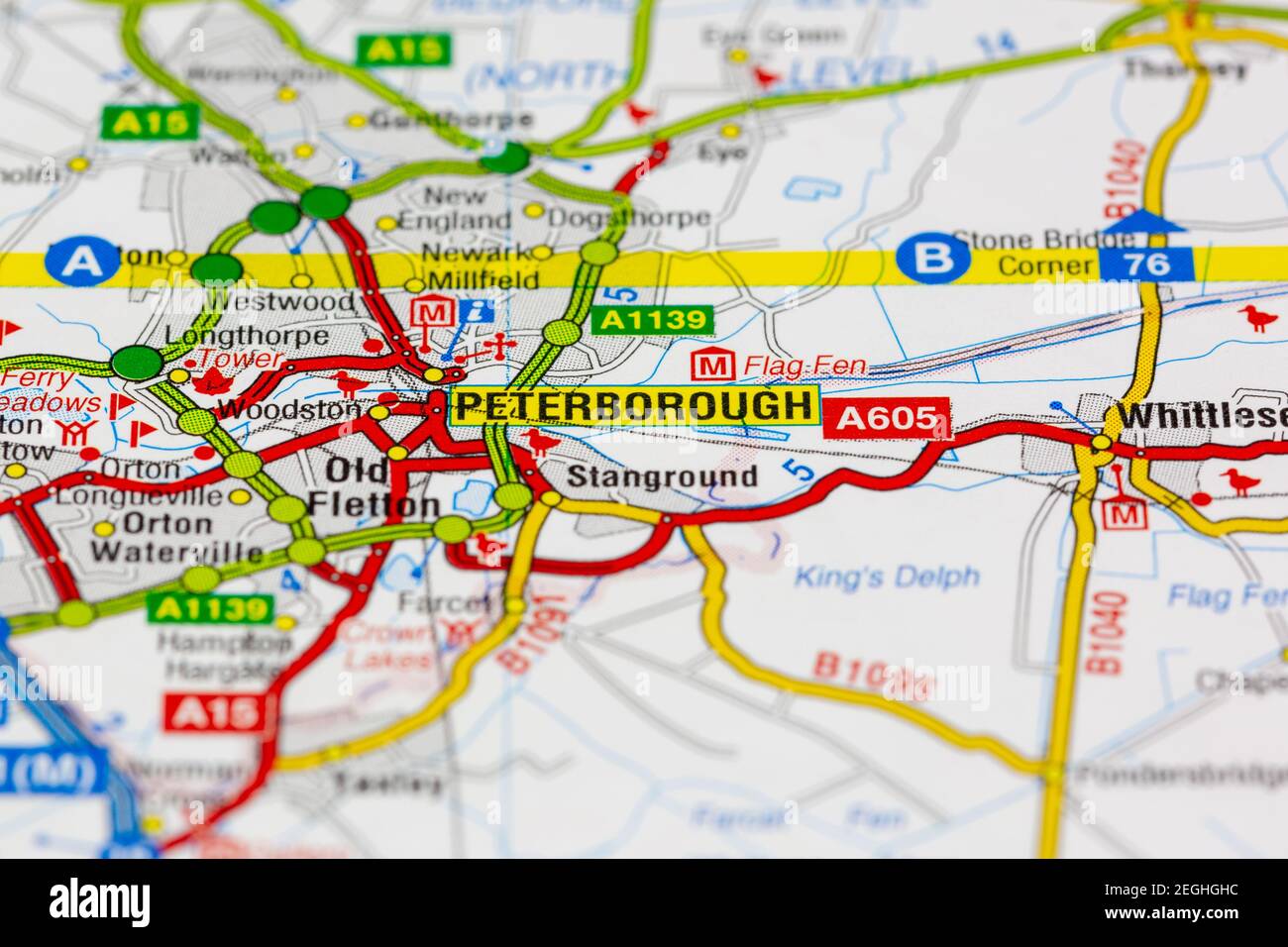 Peterborough e le aree circostanti sono mostrate su una mappa stradale o. mappa geografica Foto Stock