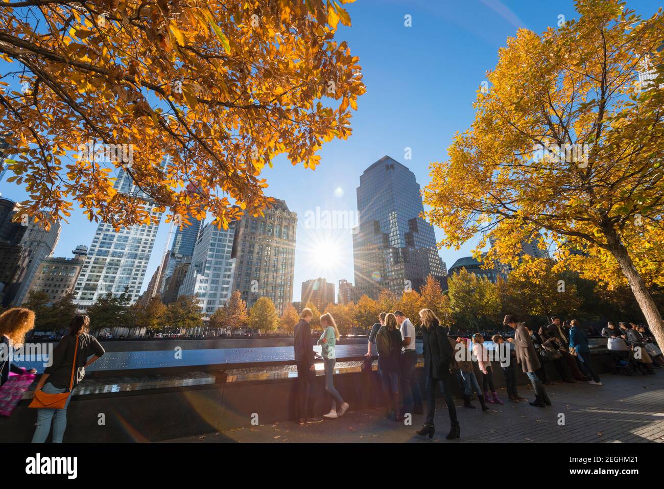 Il sole illumina le file di alberi di colore autunnale che circondano la piscina Memorial South nel National September 11 Memorial a Lower Manhattan. Foto Stock