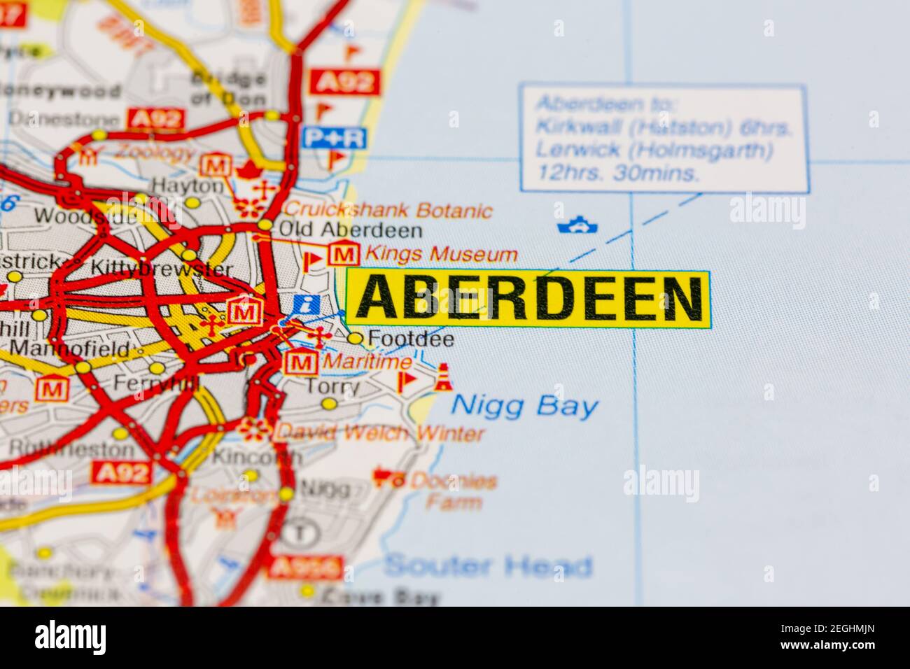 Aberdeen e le aree circostanti visualizzate su una mappa stradale o. mappa geografica Foto Stock