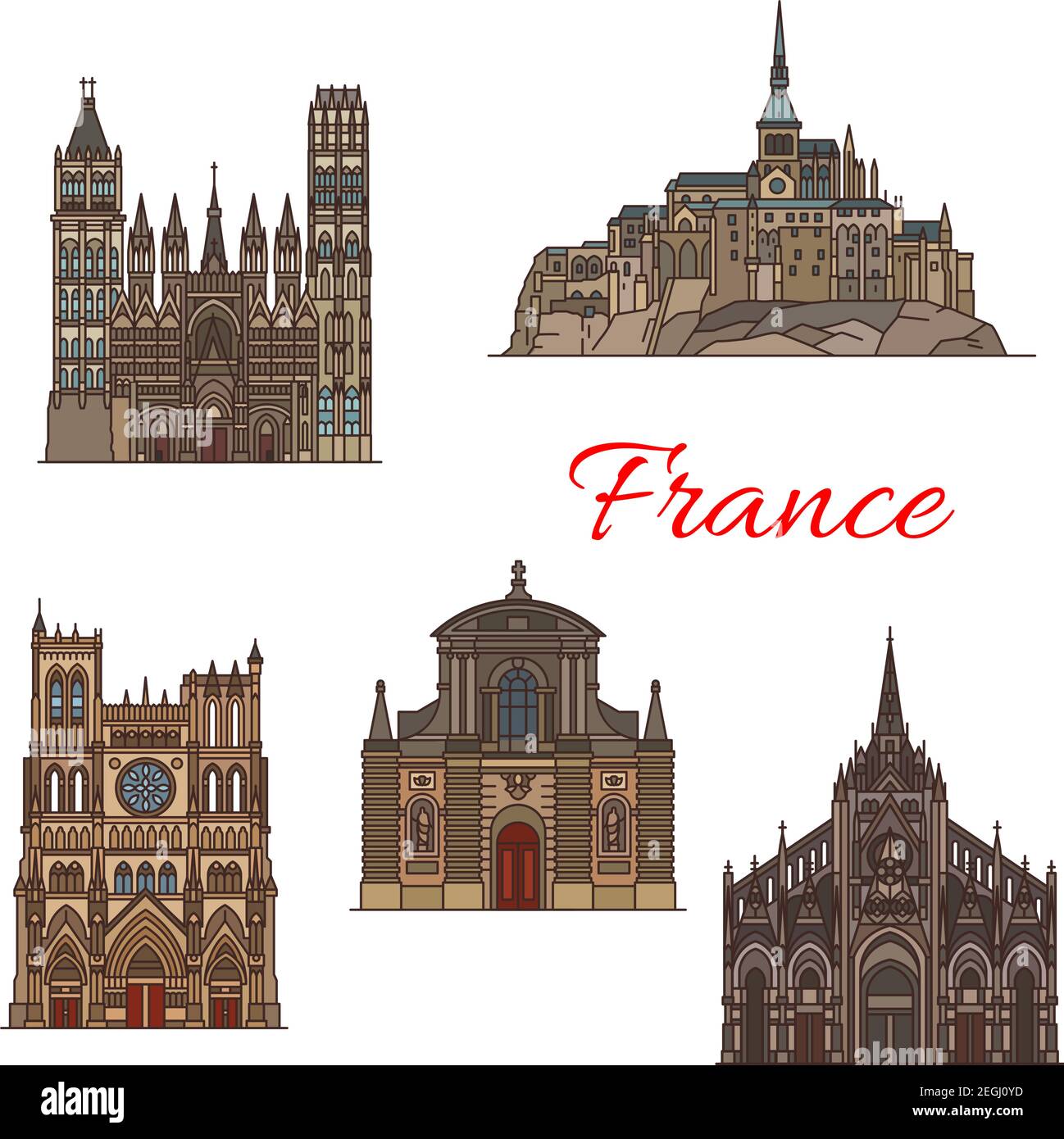 Punto di riferimento della Francia icona lineare di famosi siti turistici. Chiesa di Saint-Maclou, Cattedrale di Rouen e comune dell'isola Mont Saint-Michel, Amiens C Illustrazione Vettoriale