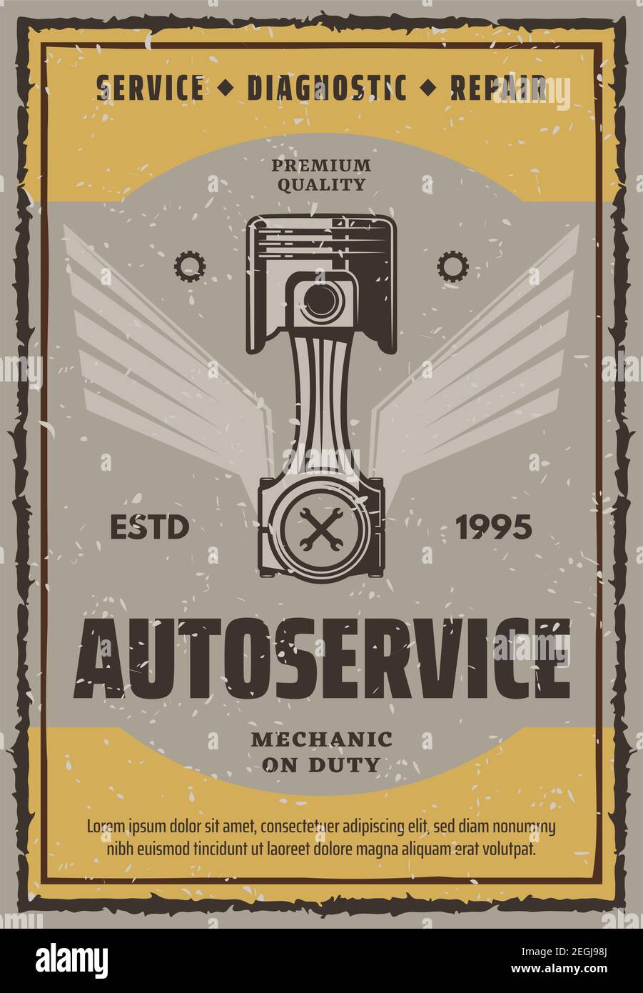 Poster vettoriale autoservice in servizio. Banner di progettazione per assistenza, diagnostica e riparazione auto. Concetto di qualità premium AutoService. Design vintage per l'automobile REP Illustrazione Vettoriale