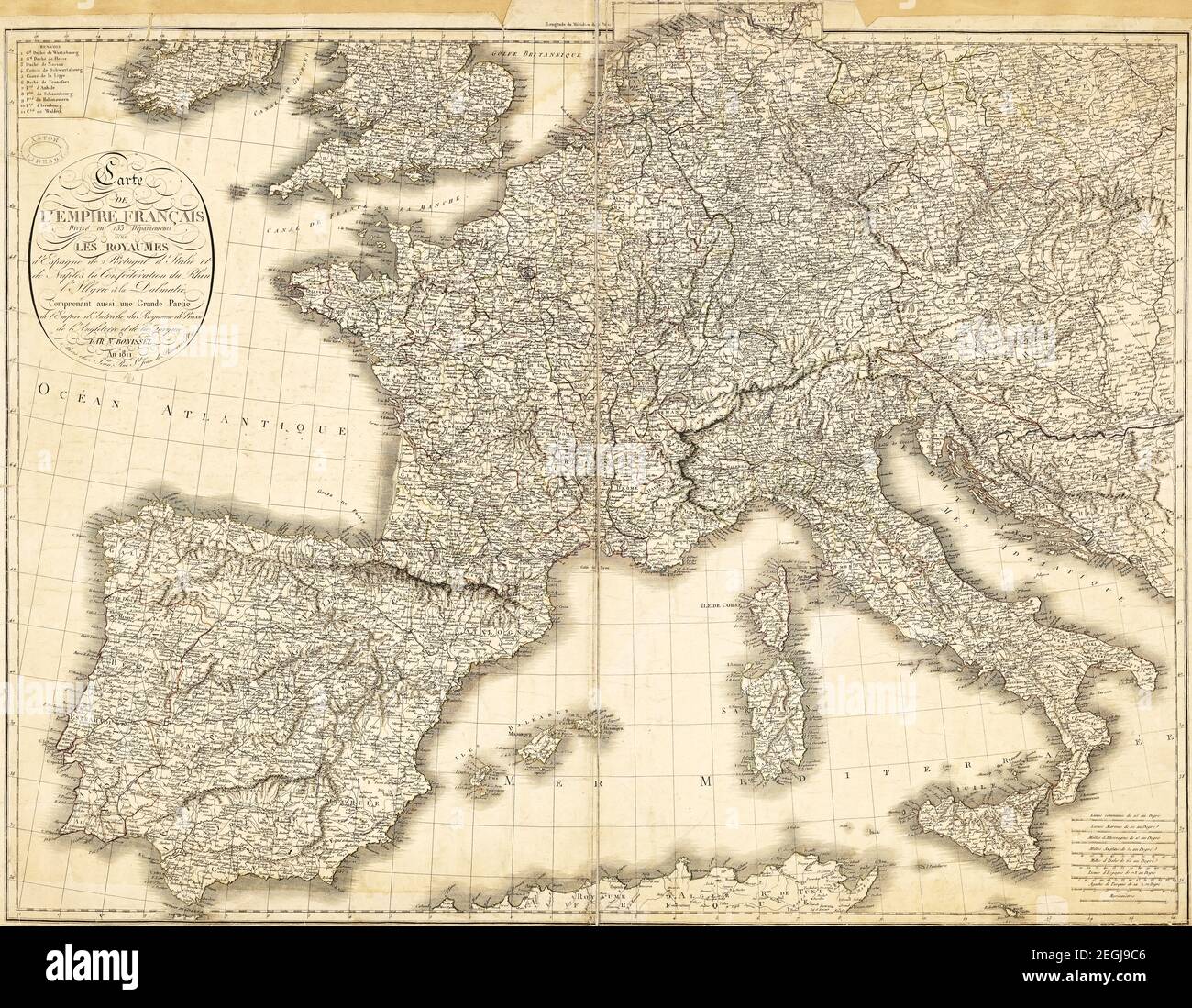 Mappa dell'Impero Francese divisa in 133 Dipartimenti, con i Regni di Spagna, Portogallo, Italia e Napoli e la Confederazione del Reno, Illy Foto Stock
