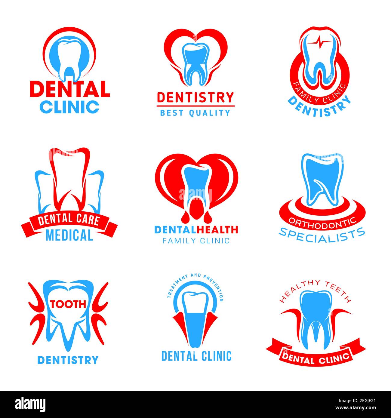Set di icone vettoriali per clinica odontoiatrica isolate su sfondo bianco. Emblemi vettoriali per servizio odontoiatrico per ambulatori odontoiatrici. Concetto di salute dentale e medica Illustrazione Vettoriale