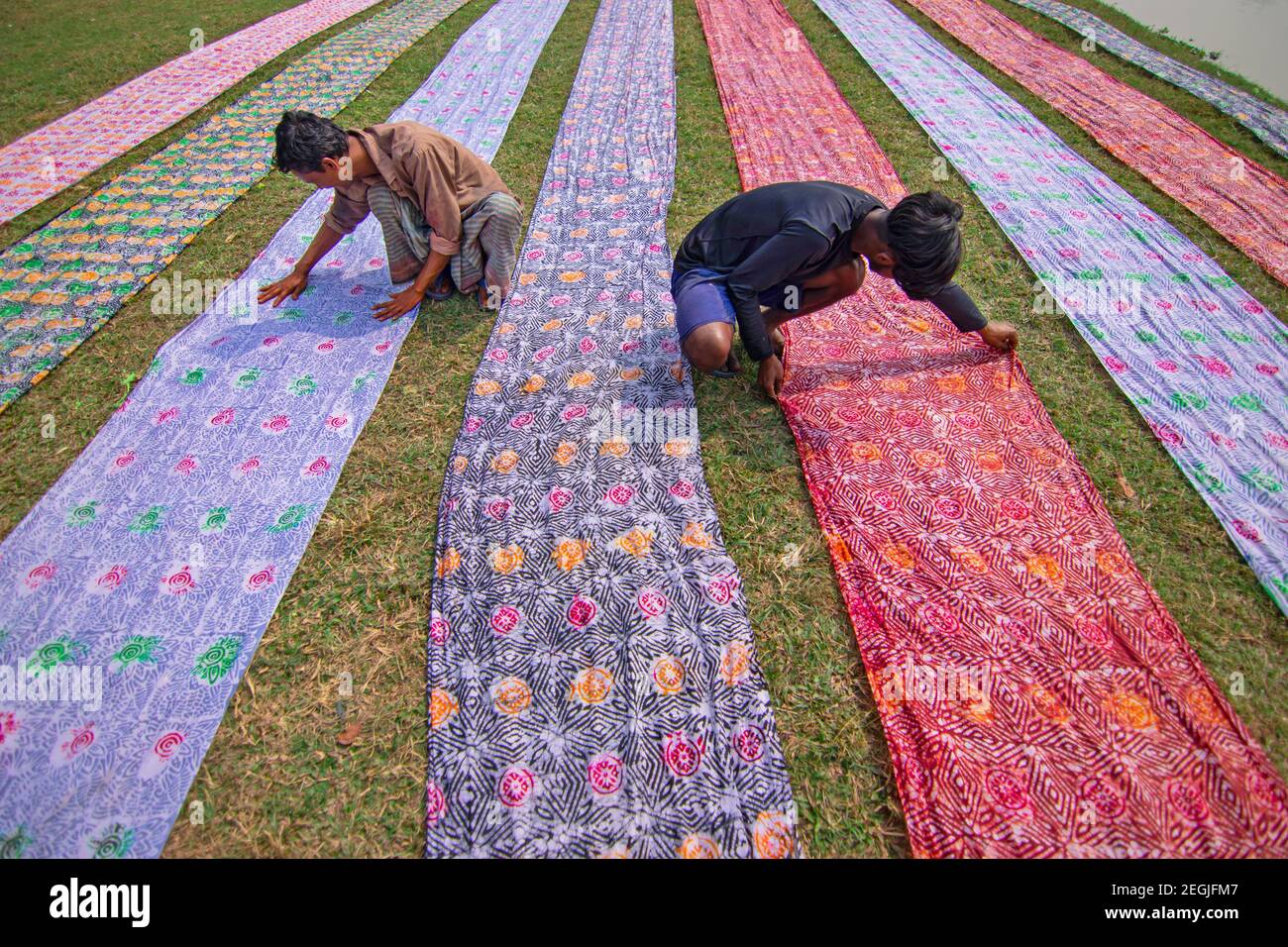 Narayanganj, Bangladesh. 18 Feb 2021. I lavoratori stanno asciugando i vestiti di Batik sotto il sole in un campo aperto come parte del processo di creazione di Batik tradizionale. In queste tecniche la cera è usata per generare i modelli sbalorditivi su una scala enorme. La cera impedisce al colorante di penetrare nell'area su cui è collocato, consentendo agli operatori di creare disegni multicolore incredibilmente complessi. Poi, si immergere i panni in un'emulsione morente prima di rotolare i grandi tessuti di cotone, seta o lana al sole caldo per asciugare. (Foto di Joy Saha/Pacific Press) Credit: Pacific Press Media Production Corp./Alamy Live News Foto Stock