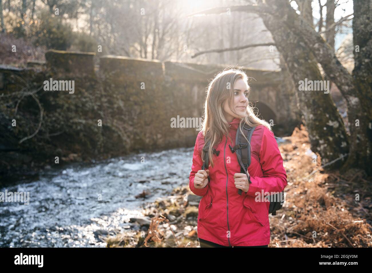 donna avventurosa con zaino che guarda foresta e montagne incredibili in estate, concetto di viaggio, spazio per il testo Foto Stock