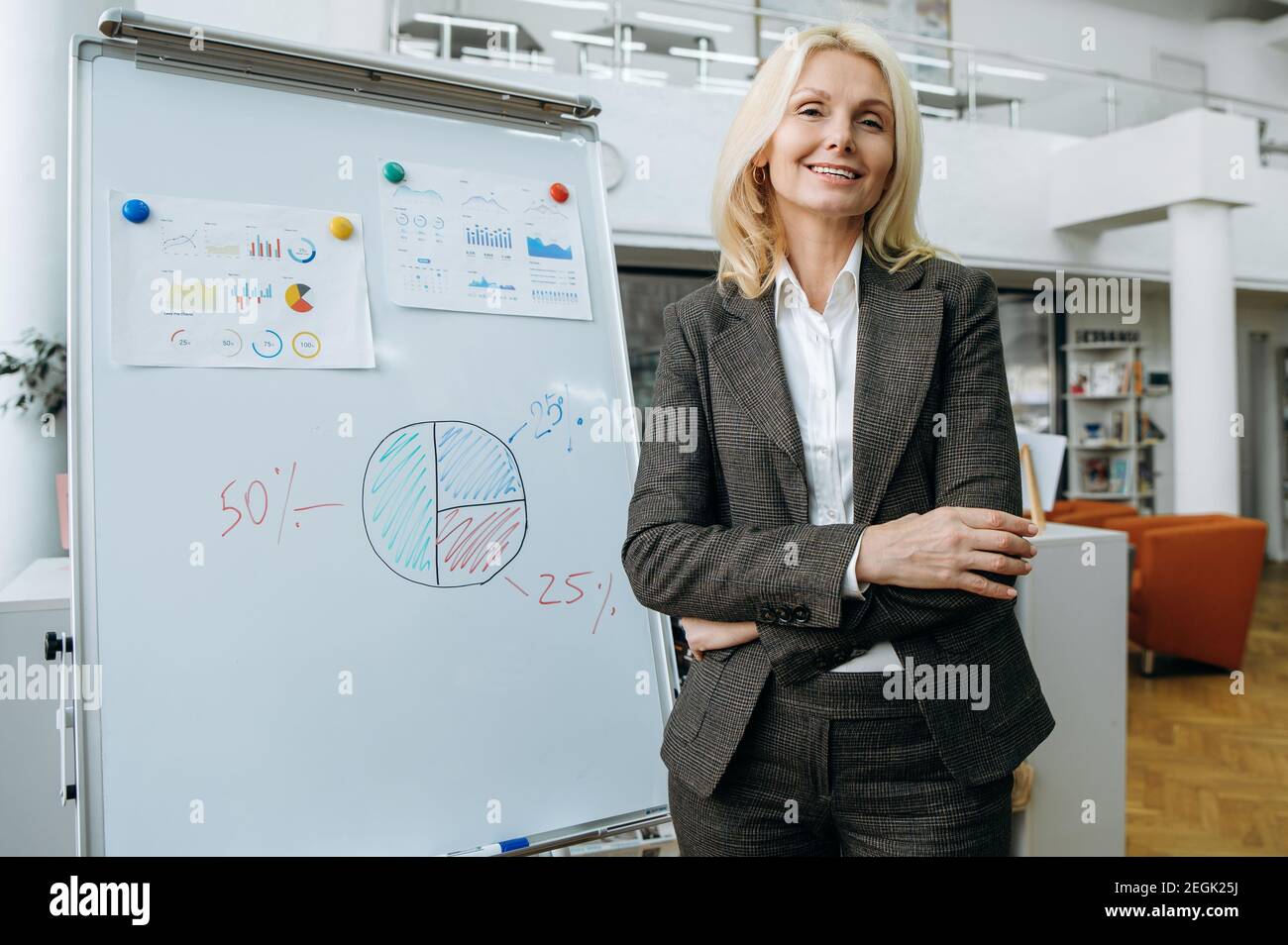 Ritratto di una donna d'affari matura e sicura in piedi con mani incrociate in un ufficio moderno. Elegante imprenditore femminile di successo in elegante tuta formale guardando la macchina fotografica, sorriso Foto Stock