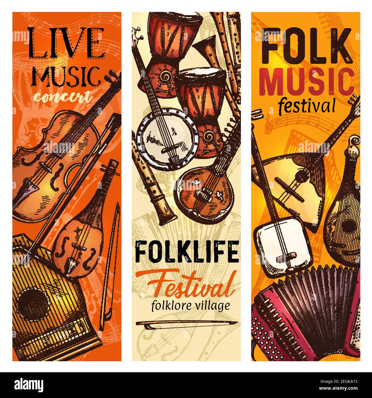 Banner strumento musicale per musica dal vivo e modello di festival folk. Volantino di strumenti etnici con viola italiana, sitar indiano e banjo americano, afri Illustrazione Vettoriale