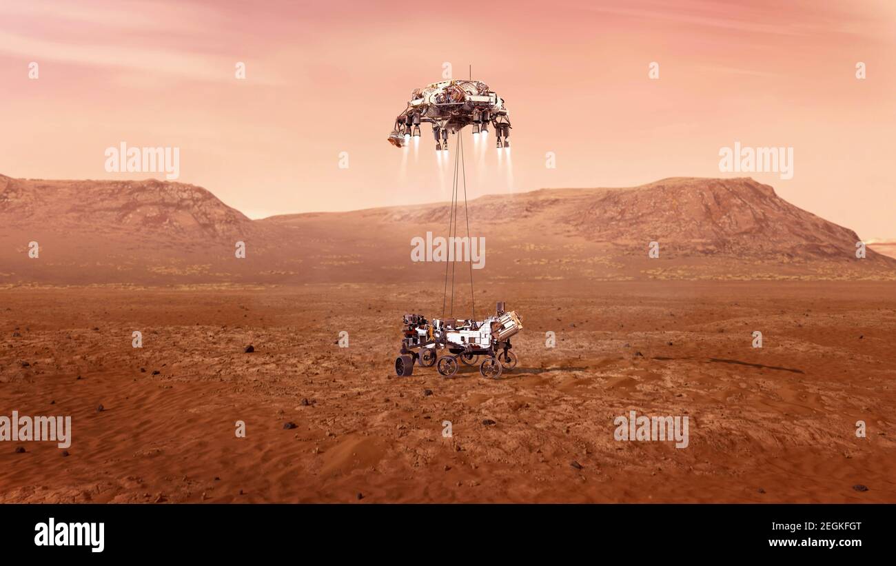 18 Feb 2021. Questa immagine resa disponibile dalla NASA mostra un'illustrazione della perseveranza rover della NASA che atterra in modo sicuro su Marte. La perseveranza rover della NASA ha toccato in modo sicuro su Marte giovedì, dando il via alla nona missione dell'agenzia sul pianeta Rosso. (NASA/JPL-Caltech/Handout via Xinhua) Credit: Xinhua/Alamy Live News Foto Stock