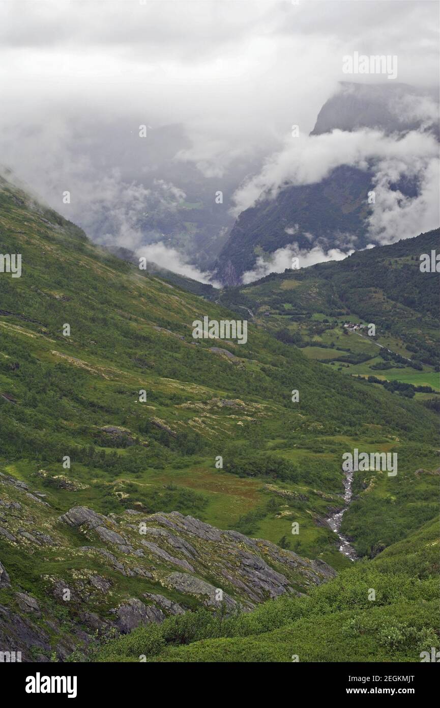 Parco nazionale di Jostedalsbreen; Norvegia norvegese; un paesaggio tipico della Norvegia sud-occidentale. Eine typische Landschaft im Südwesten Norwegens. Valle verde Foto Stock