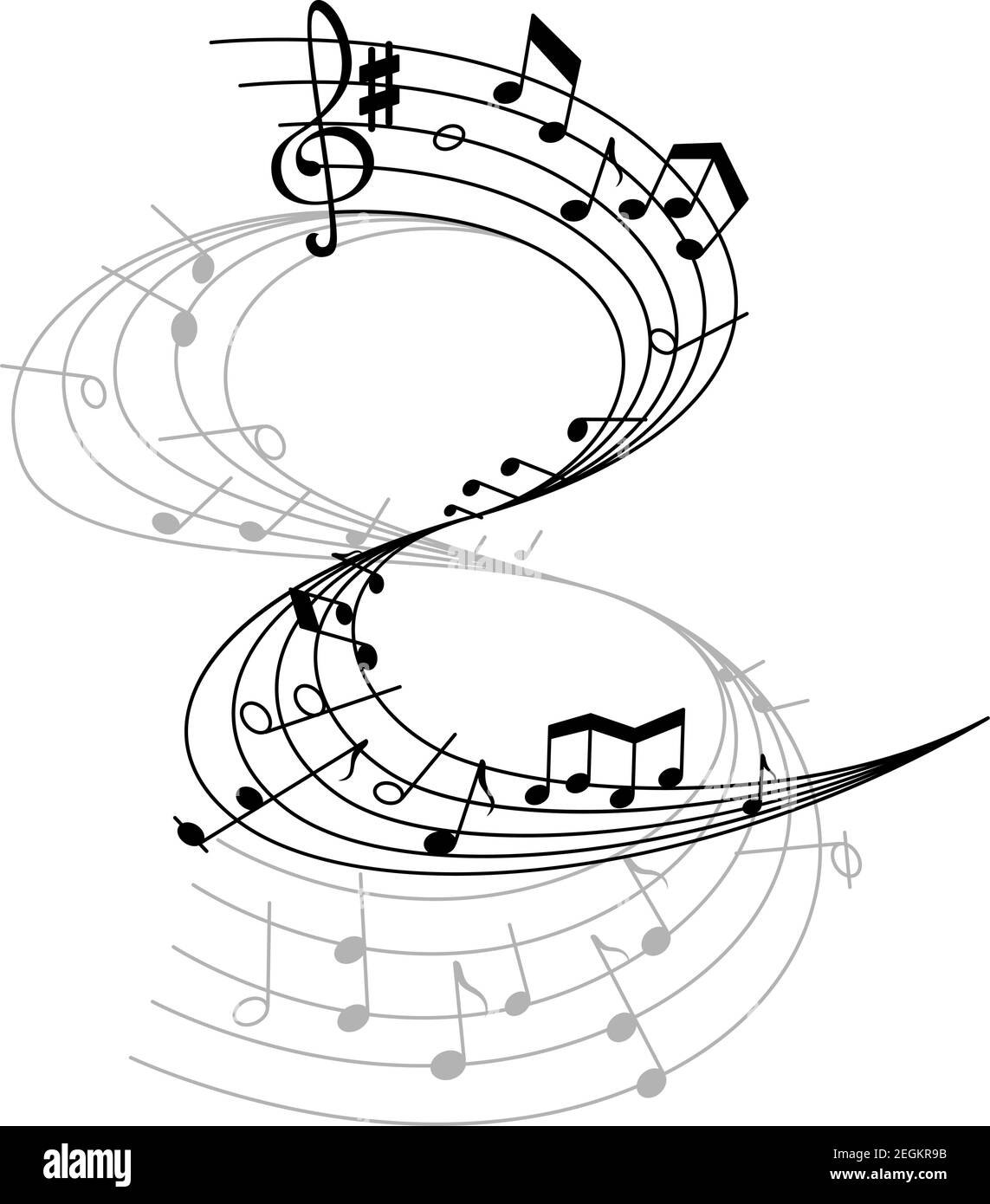 Note musicali su scala vettore isolato. Elementi musicali di design in bianco e nero. Varie note musicali su stave. Sfondo astratto con musi Illustrazione Vettoriale