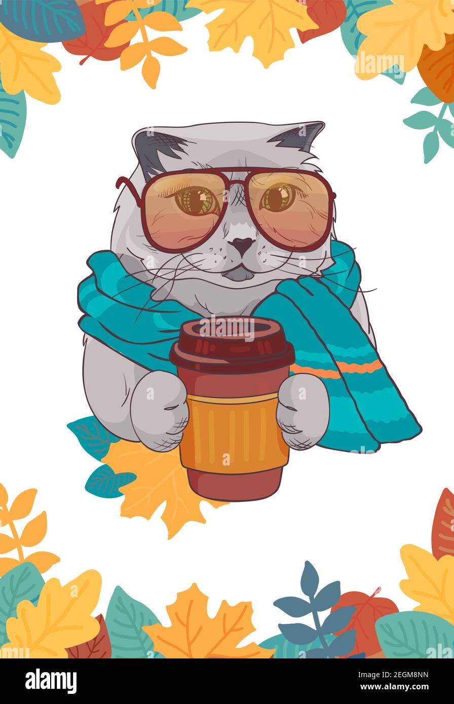 Poster della moda. Gatto britannico con una corona di foglie e una tazza di caffè. Stampa con un simpatico gattino avvolto in una sciarpa. Scheda divertente nello stile di schizzo. Illustrazione vettoriale isolata su sfondo bianco. Illustrazione Vettoriale