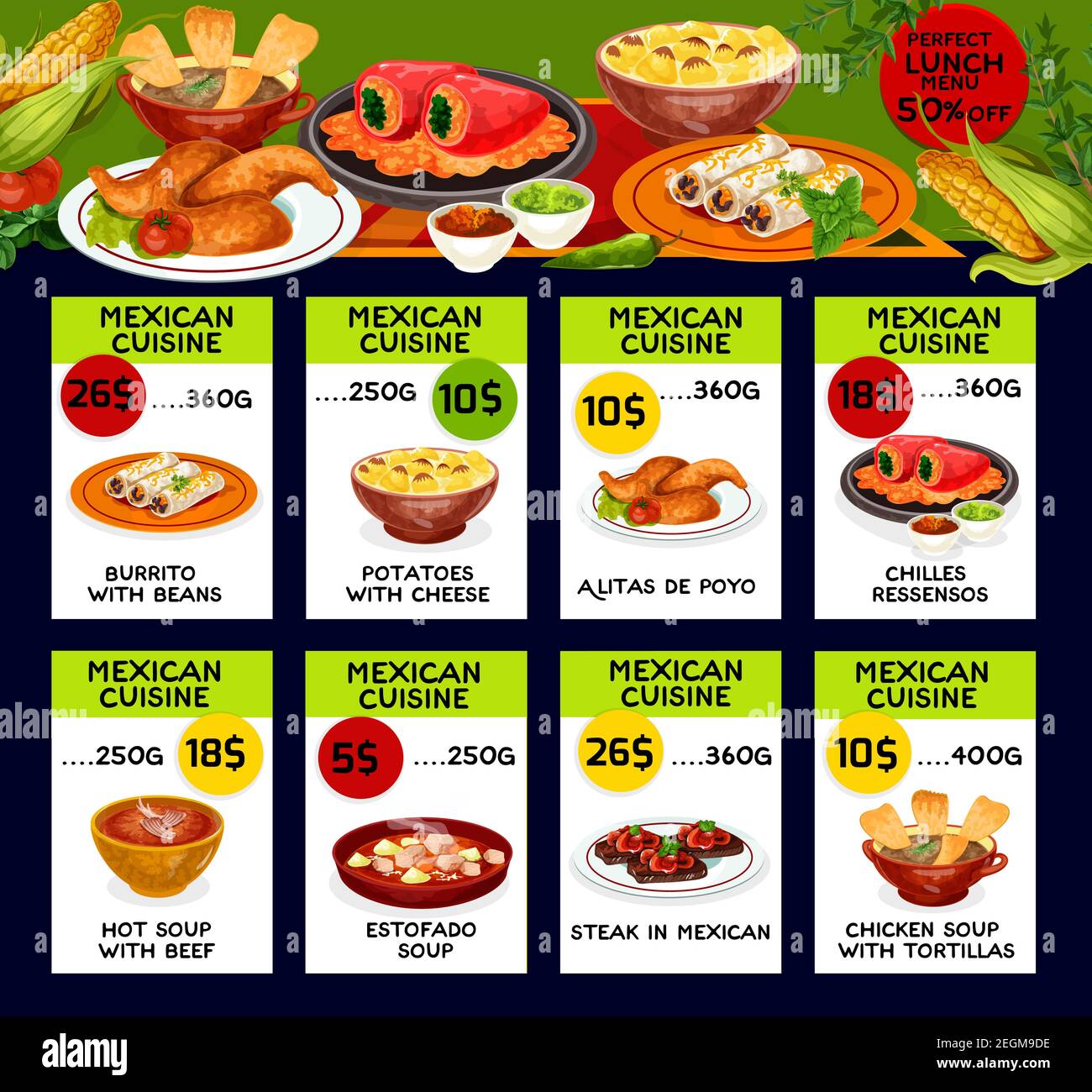 Carte dei prezzi del menu tradizionale della cucina messicana. Vector lunch Offer design per burritos, patate con formaggio o alitas de pollo e Chilles Ress Illustrazione Vettoriale