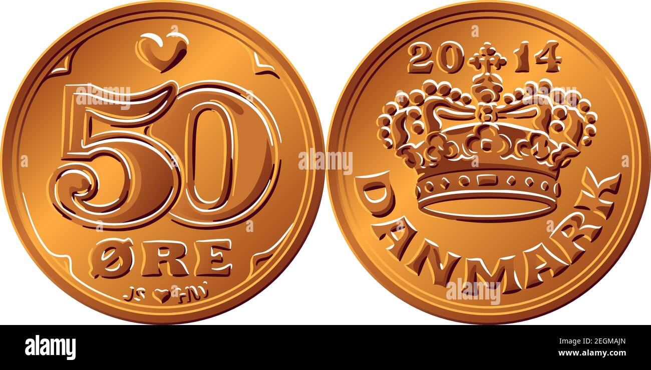Obverse e reverse di denaro danese stagno-bronzo moneta 50 ore. Krone, valuta ufficiale della Danimarca, della Groenlandia e delle Isole Faroe. Illustrazione Vettoriale