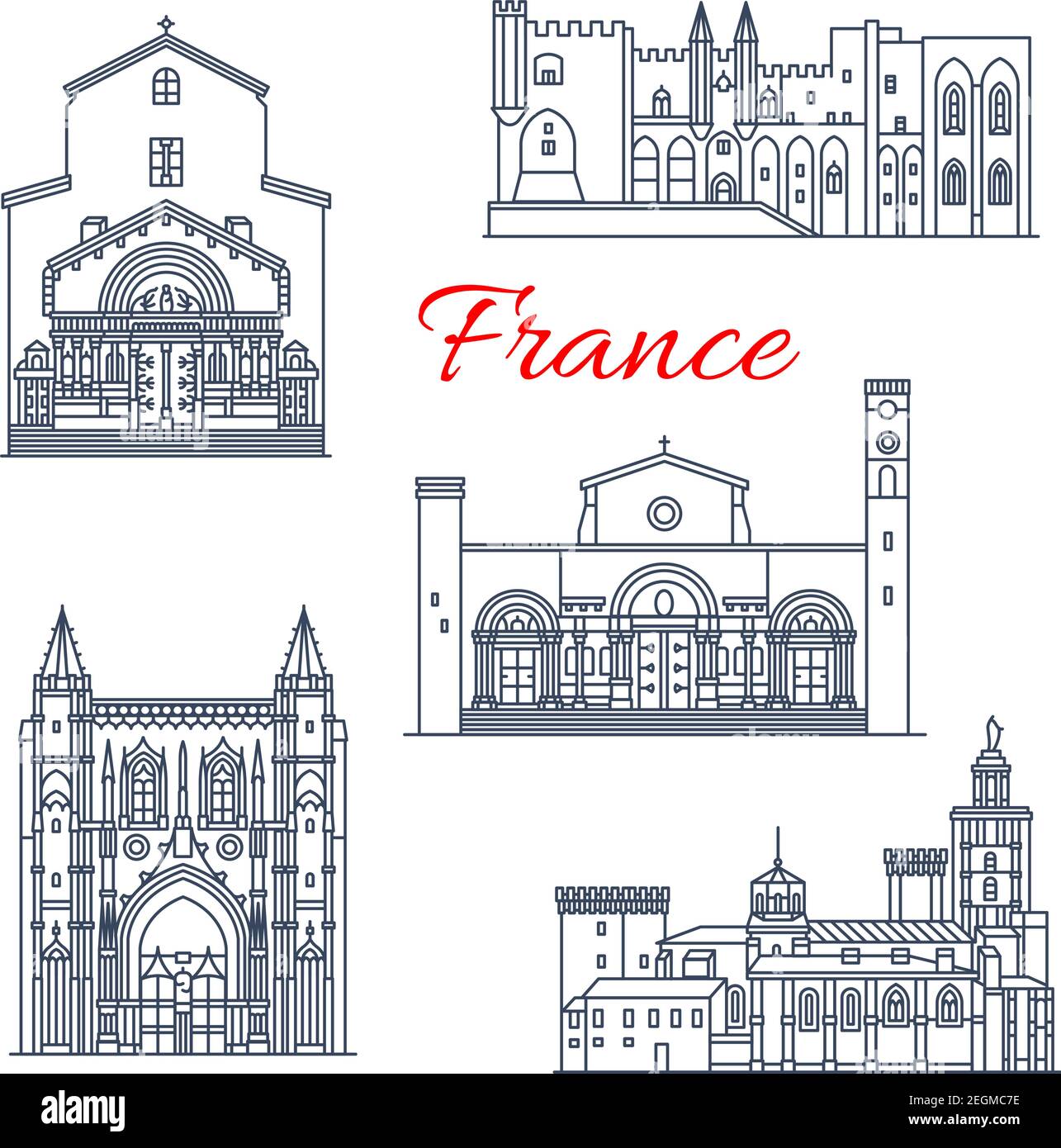 Francia famosi monumenti storici di viaggio e icone della linea turistica dell'architettura di Avignone. Serie vettoriale di Saint Gilles e Chiesa di San Trophime ad Arles, P. Illustrazione Vettoriale