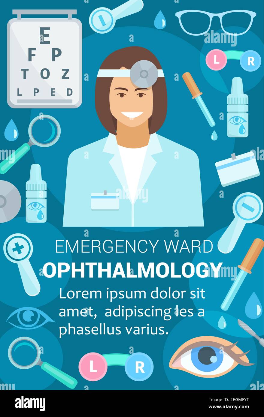 Poster di medicina oftalmologica per esame clinico o di controllo medico  della vista. Disegno vettoriale di medico oftalmologo, lenti ottiche o  occhiali, al Immagine e Vettoriale - Alamy