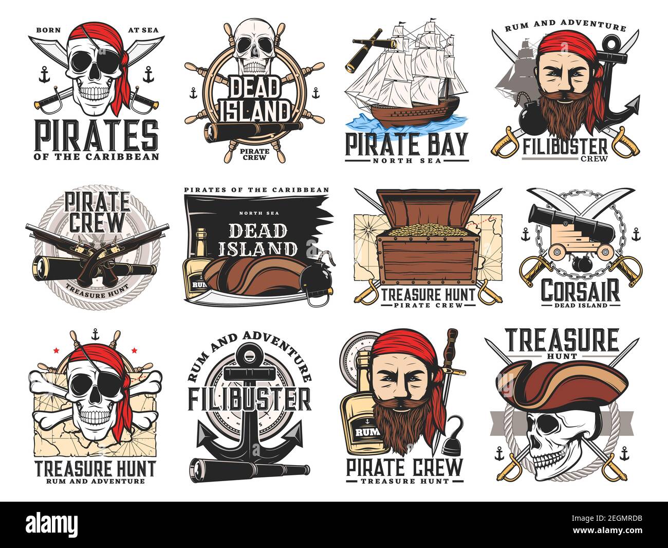 Isola dei pirati, avventura di caccia al tesoro e emblemi dell'equipaggio di filibuster. Pirata bearded viso e cranio, petto con oro, ciarelle buccaneer, pistole e lattina Illustrazione Vettoriale