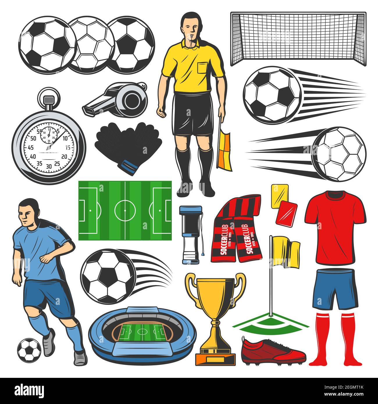 Oggetti da gioco sportivi di calcio. Vettore isolato icone di calcio palla, giocatore di calcio e portiere, arbitro cronometro e fischio, stadio arena e unifor Illustrazione Vettoriale