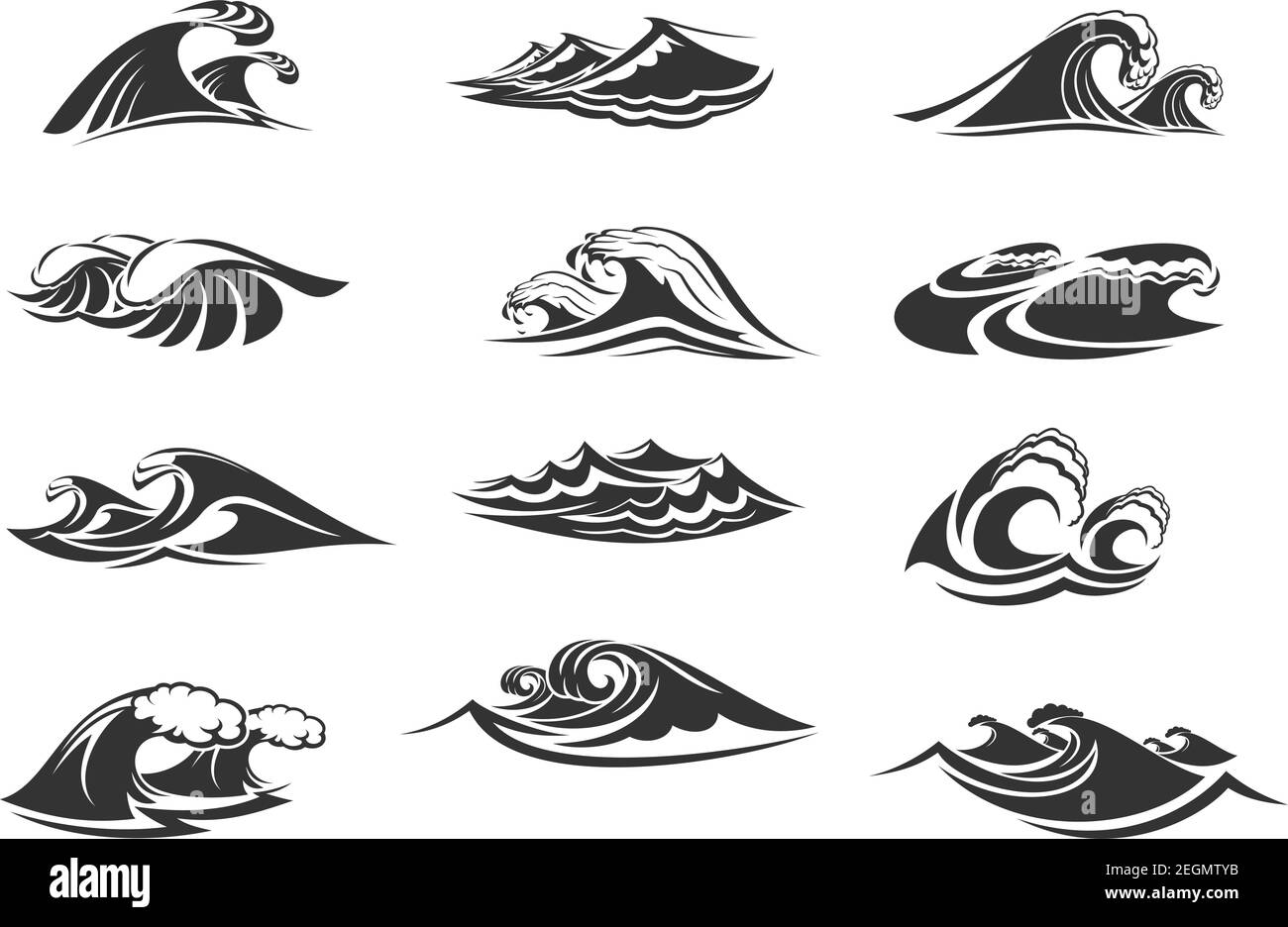 Onde icone di acque oceaniche spruzzi o galee maree. Simboli vettoriali isolati o onde marine o marea tempesta con flussi spruzzi, surf con schiuma An Illustrazione Vettoriale