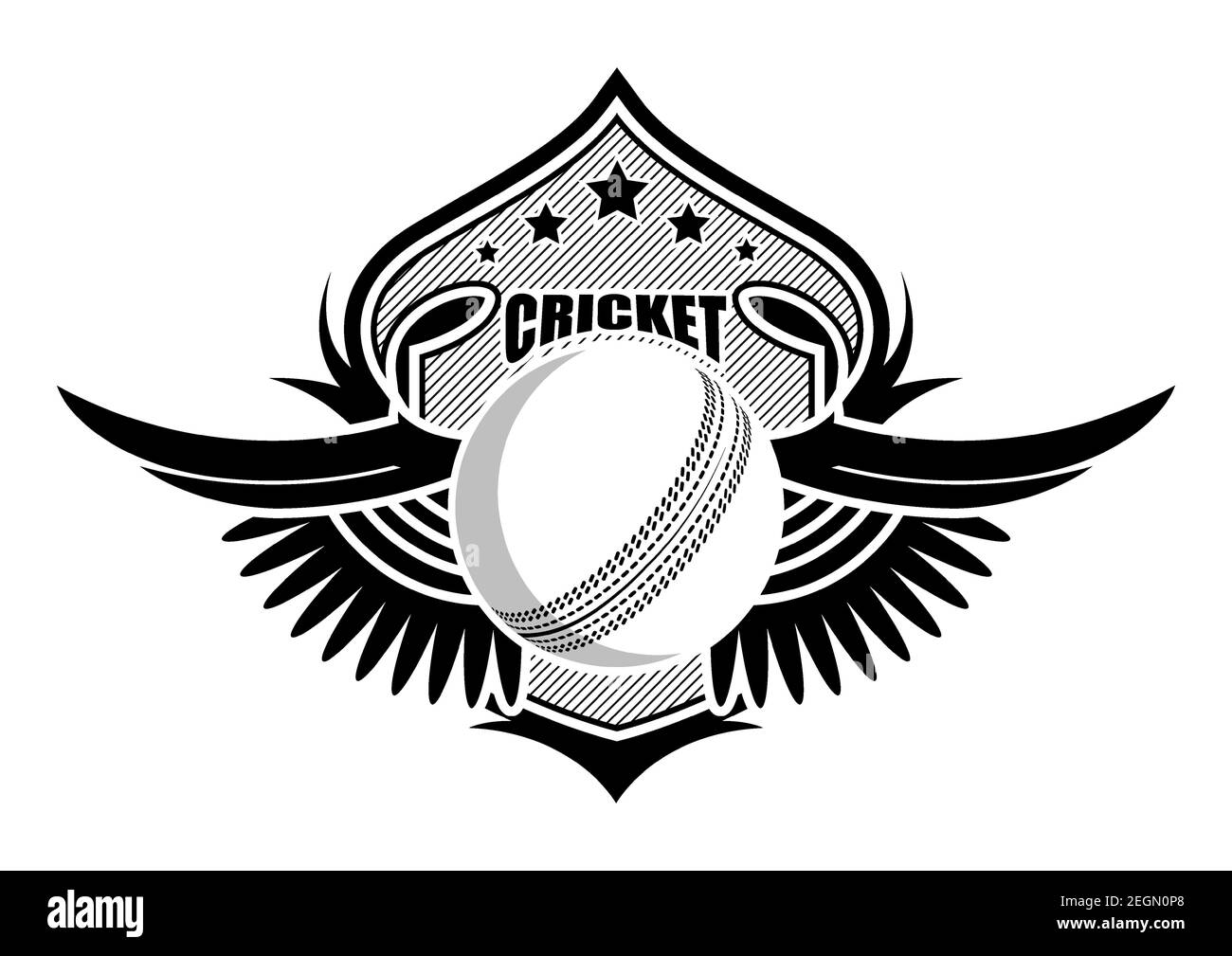 palla sportiva sullo sfondo di scudo stilizzato con ali. Emblemi sportivi di Cricket. Simbolo del torneo. Vettore Illustrazione Vettoriale