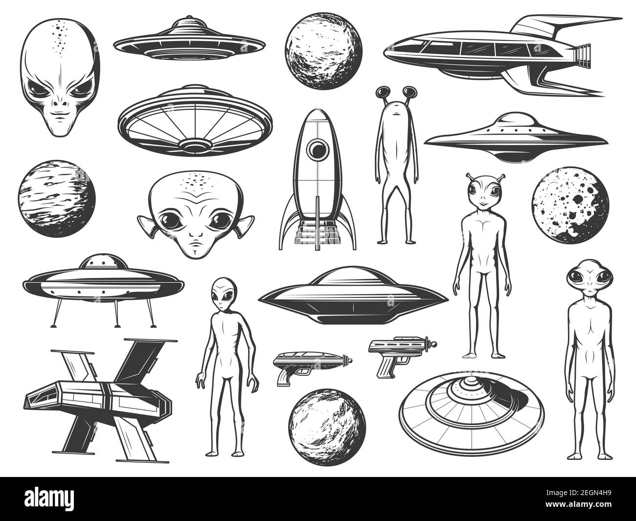 Alieni, astronavi extraterrestri e pianeti incisi icone set. Forme di vita aliena, creature umanoidi con testa e occhi grandi, stelle fantastiche, Illustrazione Vettoriale