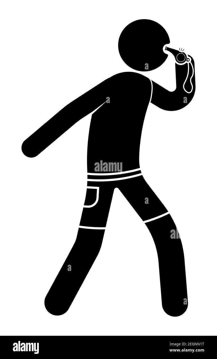 Bastone uomo, arbitro sportivo soffia il suo fischio. Infrangere le regole, fermare il gioco. Vettore minimalista Illustrazione Vettoriale