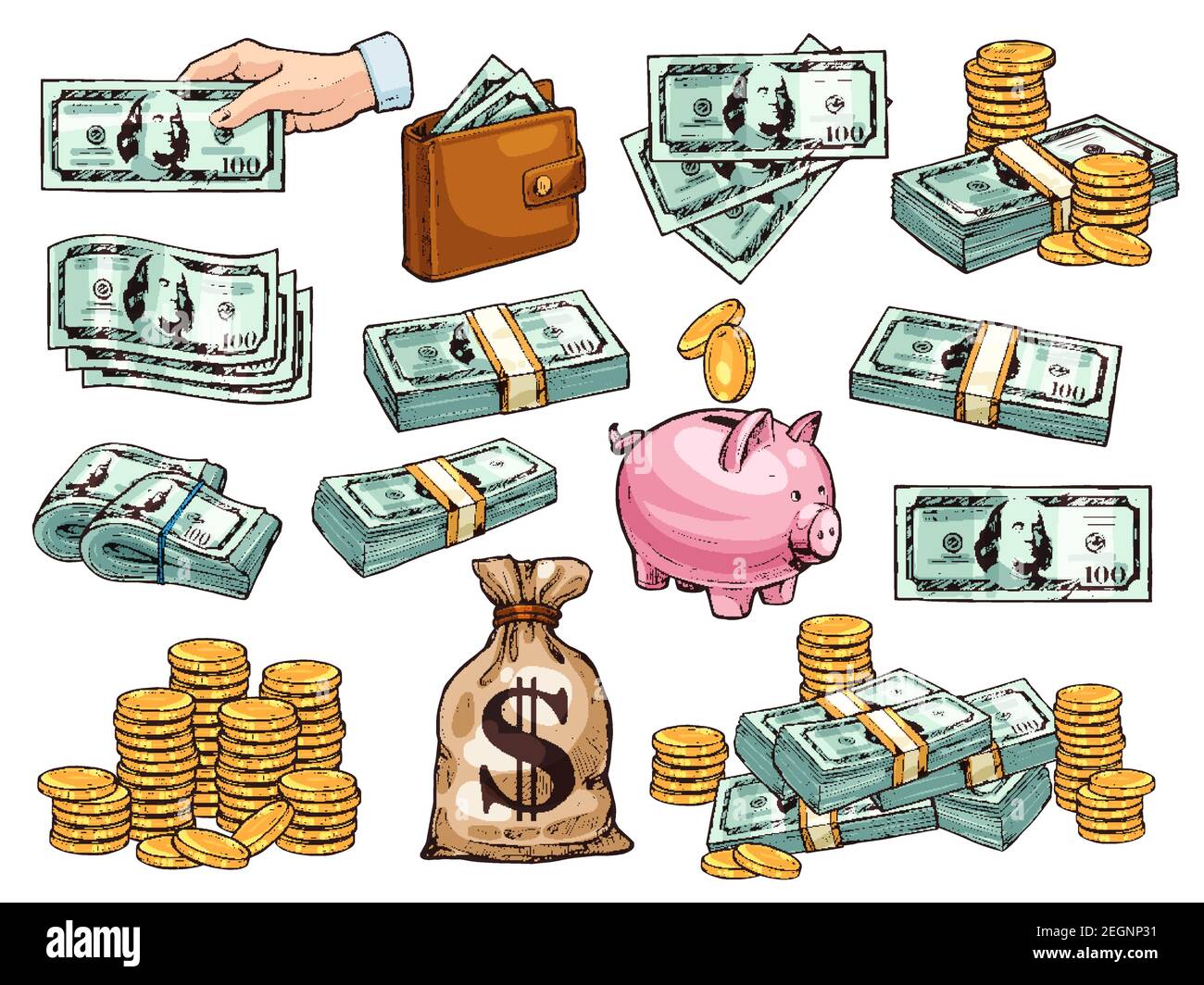 Banconote e monete in dollari di denaro o icone di schizzi di banca piggy. Set vettoriale di banconote da 100 dollari in contanti con pacchi di denaro per il pagamento o gli investimenti Illustrazione Vettoriale