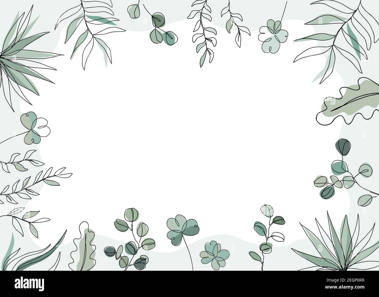 Illustrazione vettoriale floreale in stile di disegno a linea continua alla moda. Piante e foglie sfondo cornice con spazio di copia per il testo Illustrazione Vettoriale