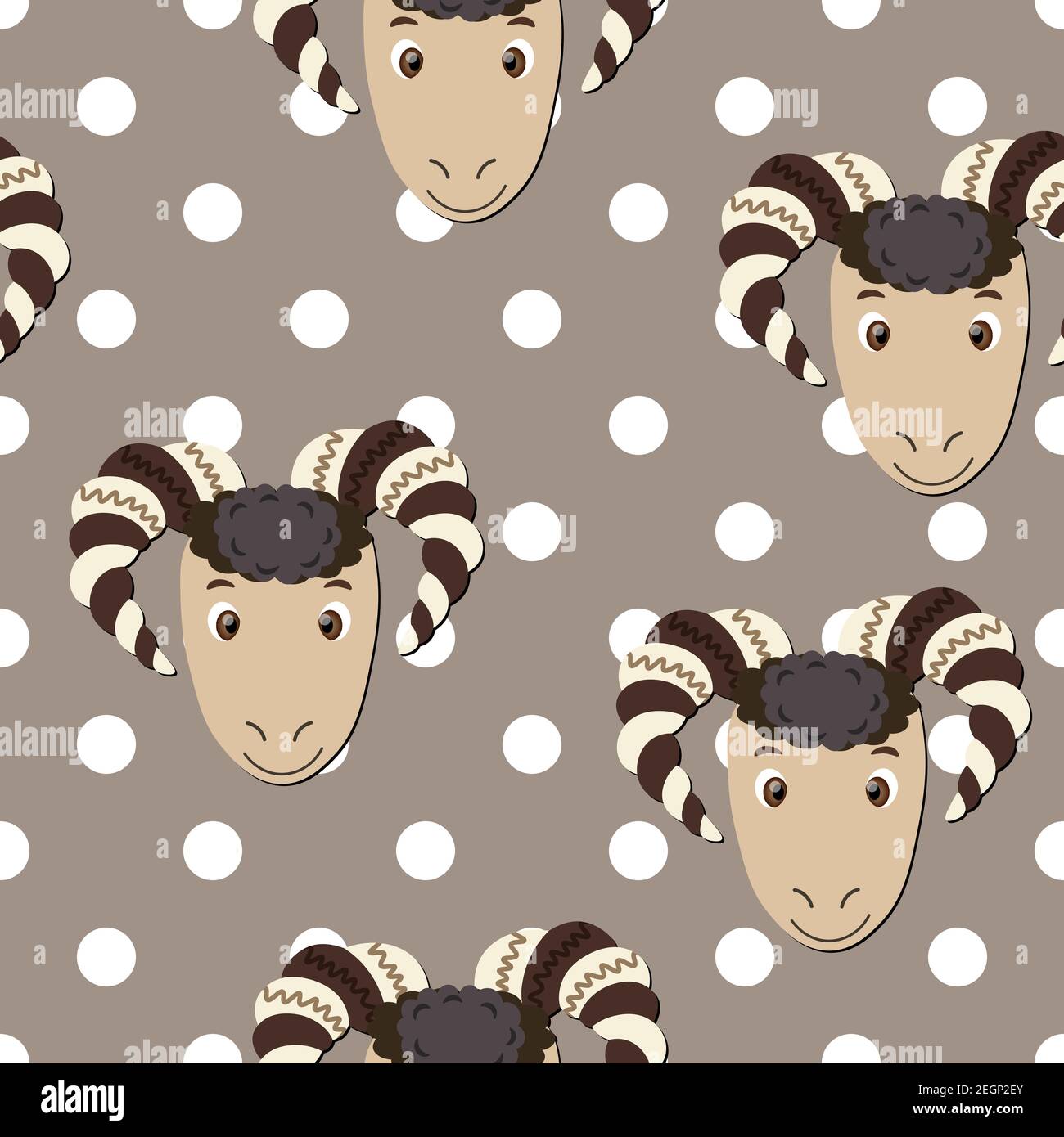 Vector animali piatti illustrazione colorata per i bambini. Motivo senza cuciture con faccia di ram su sfondo beige a punti polka. Pecora carina. Adorabile cartone animato Illustrazione Vettoriale