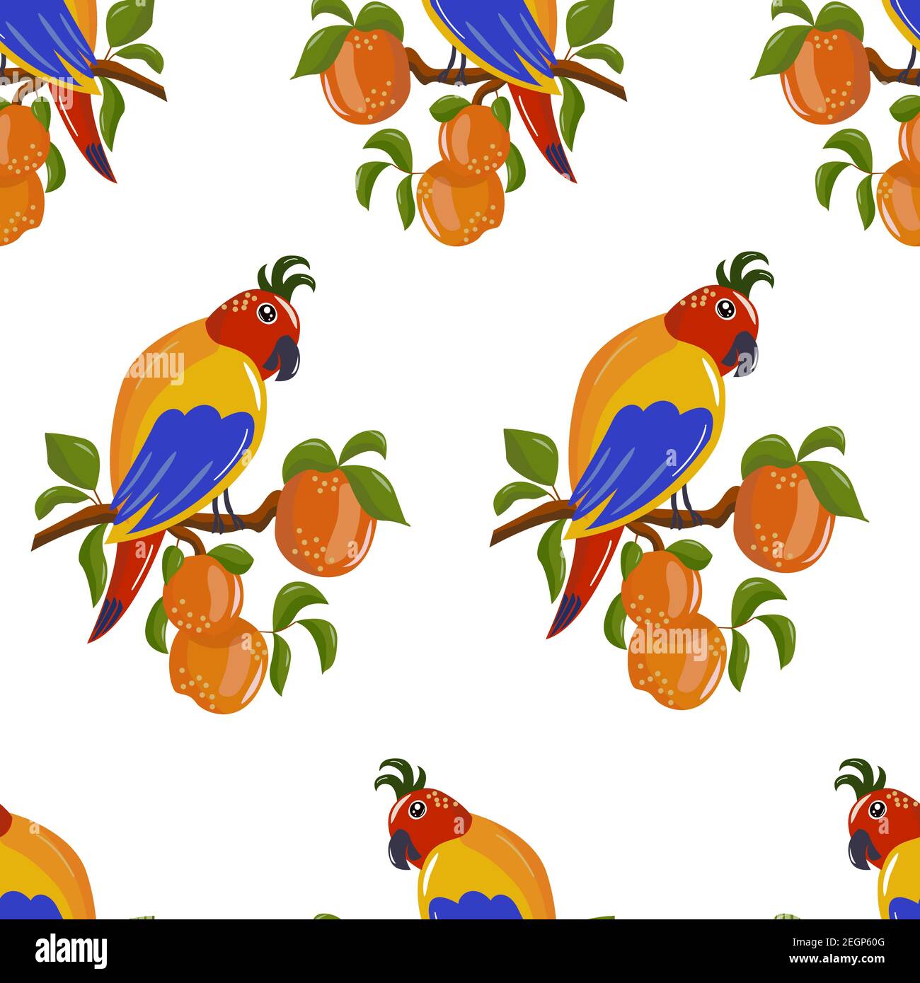 Modello senza cuciture di carino pappagallo cartoon e pesche su uno sfondo bianco. Per la progettazione di copertine per notebook, stampe per t-shirt, abbigliamento per bambini Illustrazione Vettoriale