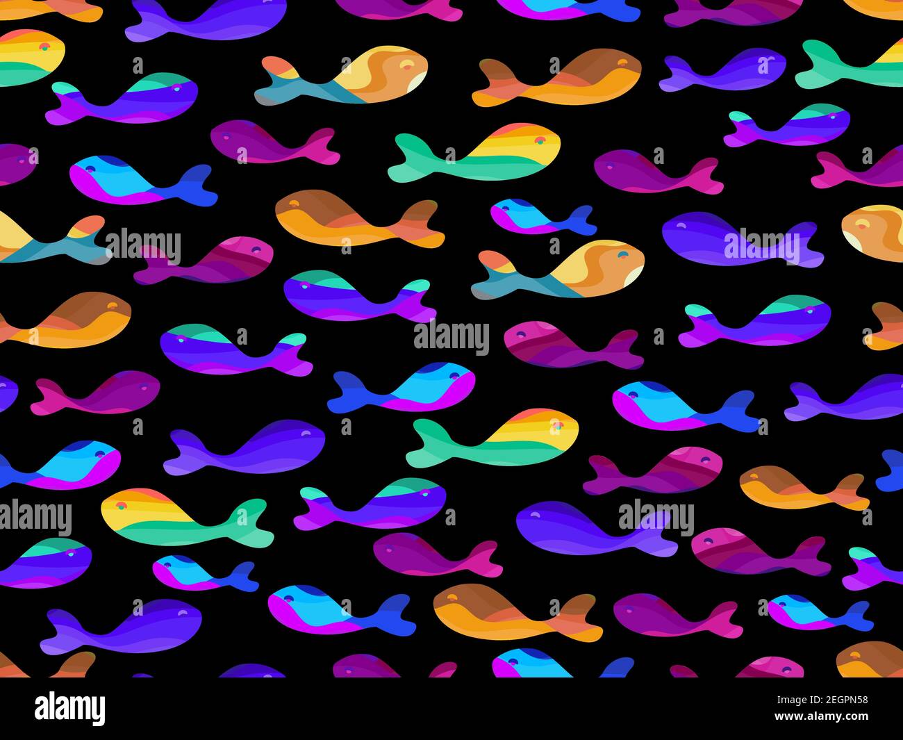 Pesce a righe multicolore senza cuciture. Bel pesce luminoso su sfondo nero. Sfondo per la stampa su carta, striscioni e tessuti. Vettore Illustrazione Vettoriale