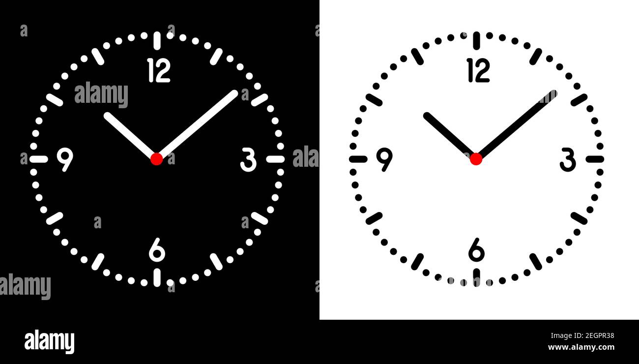 Design piatto Illustrazione del quadrante dell'orologio o dell'orologio da polso con quadrante bianco e nero, numeri, mani e centro rosso - vettoriale Illustrazione Vettoriale Design piatto Illustrazione del quadrante dell'orologio o dell'orologio da polso con quadrante bianco e nero, numeri, mani e centro rosso - vettoriale Illustrazione Vettoriale